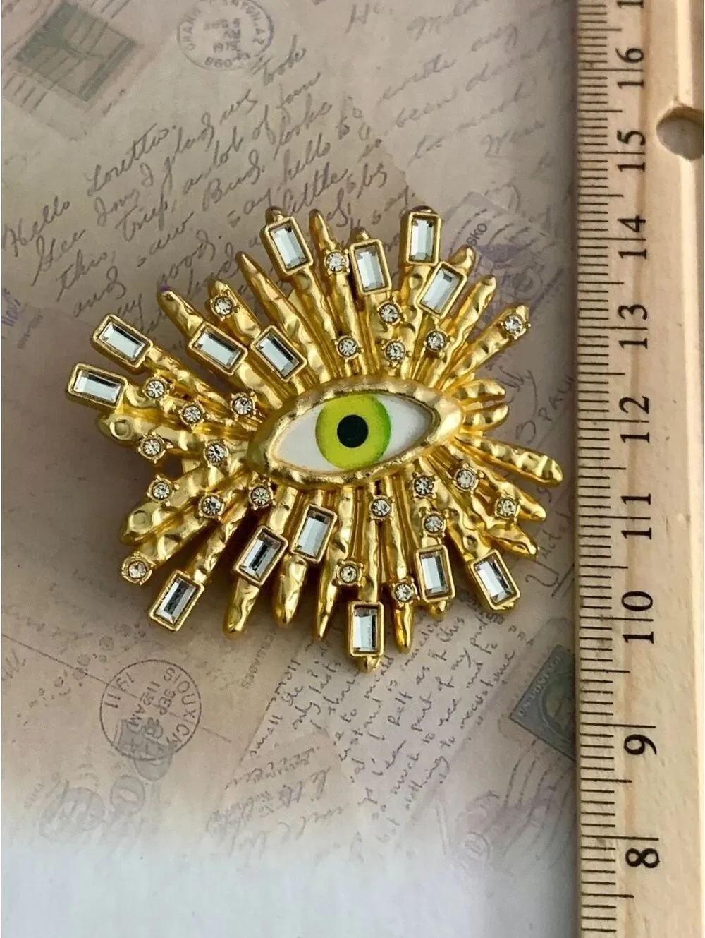 Vintage Style Surrealist Sunburst Green Evil Eye Rhinestone Statement Brooch
